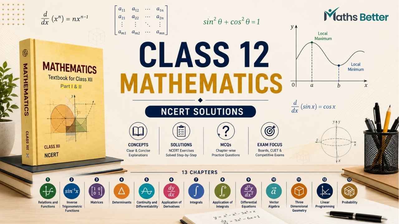 Class 12 Maths category banner showing NCERT Solutions, Concepts, MCQs and Practice Questions